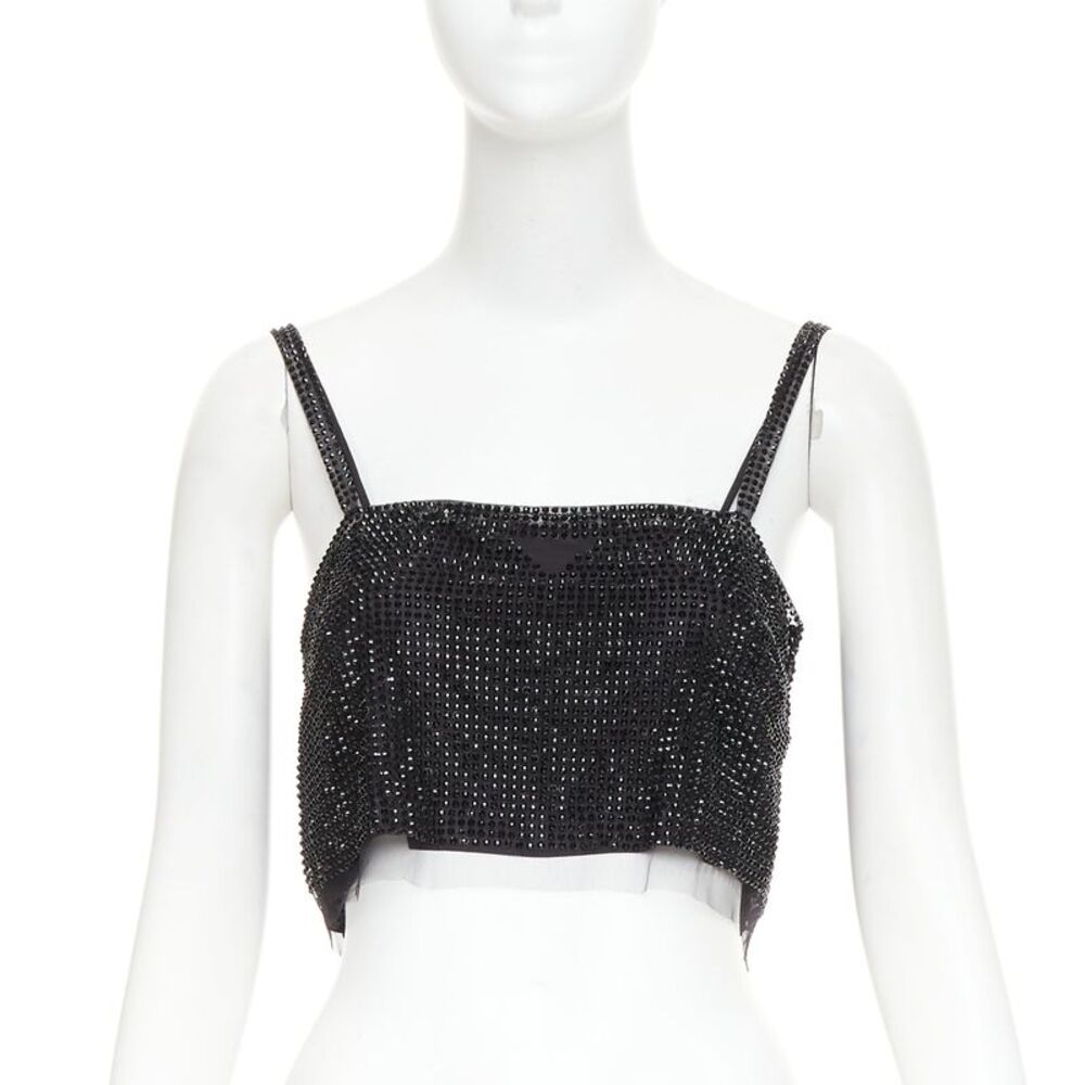 Prada black crystal rhinestone mesh triangle crop top
